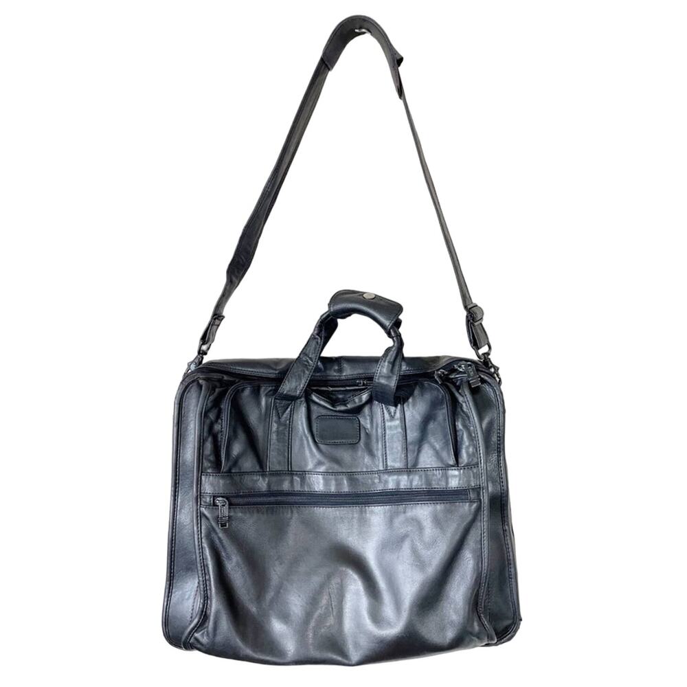 Tumi Black Leather Expandable Padded Laptop Briefcase Messenger Bag